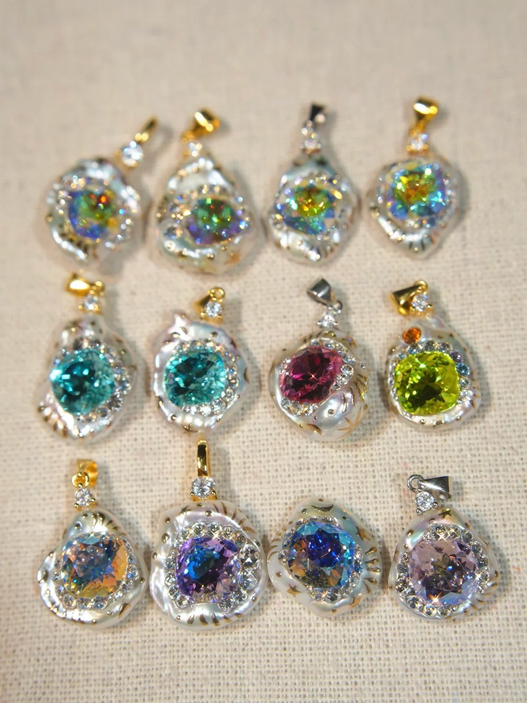 A collection of colourful handcrafted VELRI pearl pendants