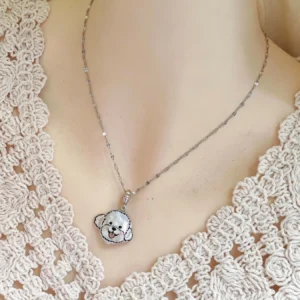 Custom pet portrait pearl pendant worn as a necklace